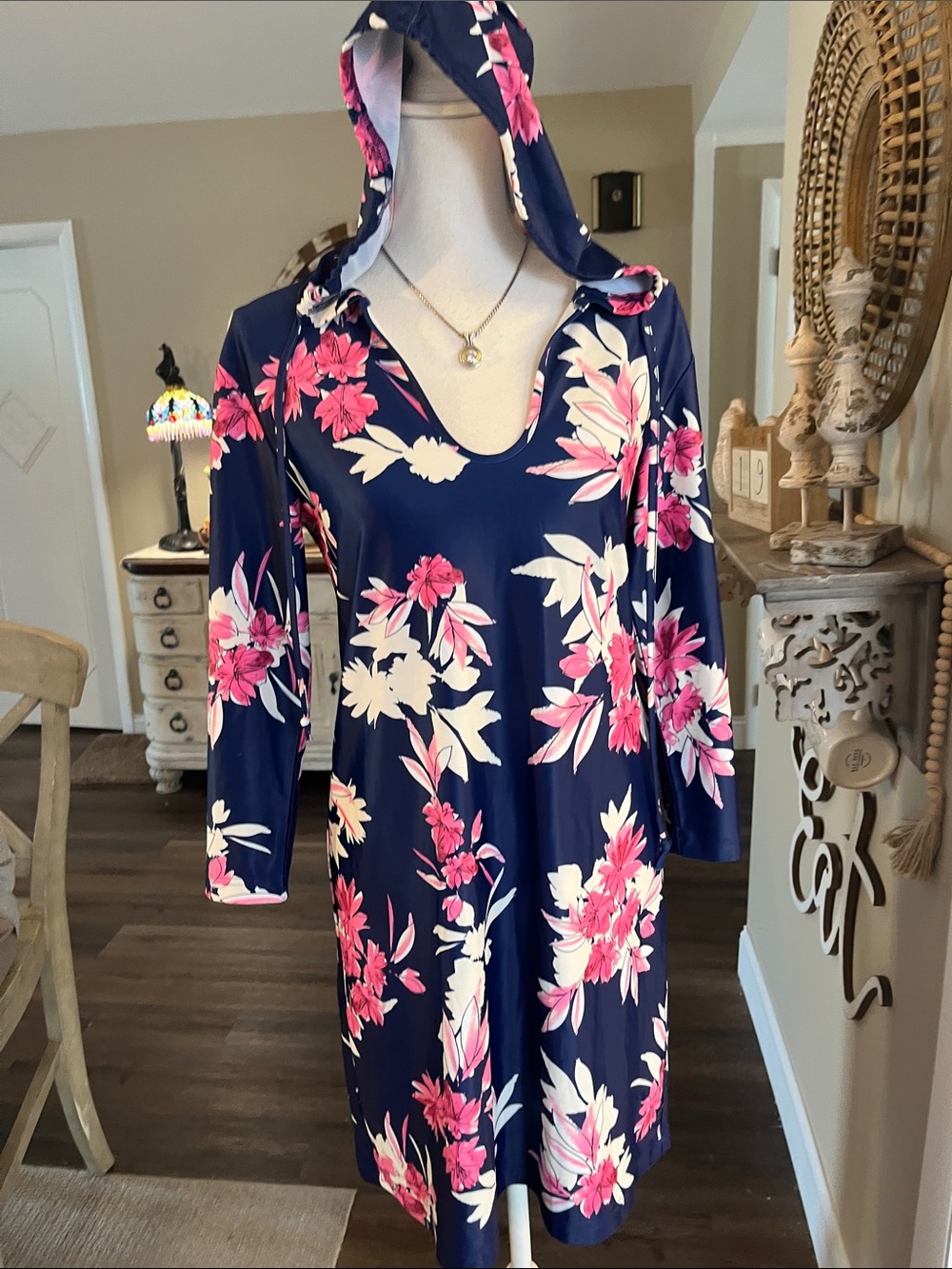 Nautica Navy Floral Hooded Swim Coverup with Pink & Cream Blooms - Picture 1 of 6